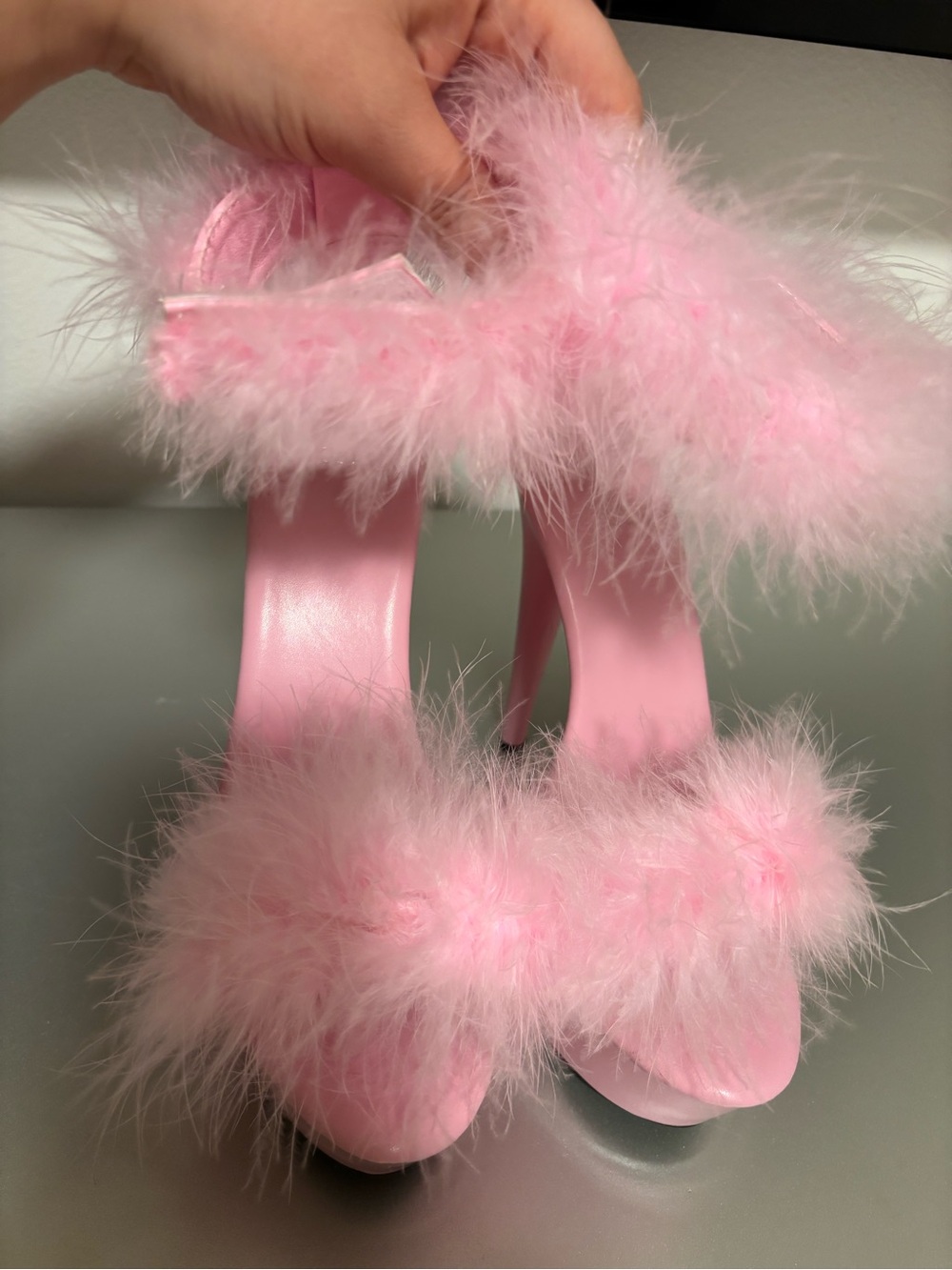 Pink Feather Trim High Heel Sandals